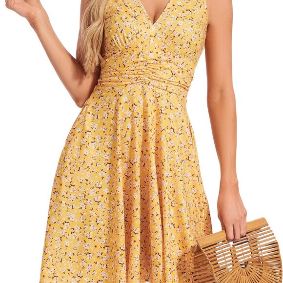 Dresses & Skirts - Women's Floral Sundress V Neck Sleeveless Ruffle Flowy Summer Dress with Pockets